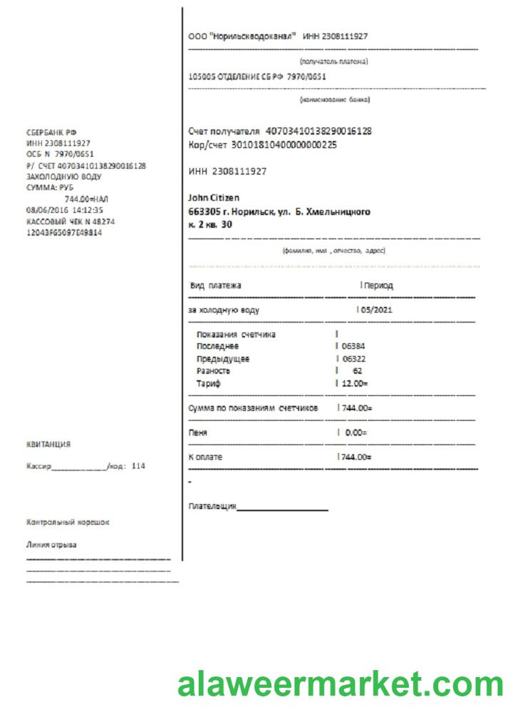 Russia water utility bill template in Word and PDF format, fully editable
